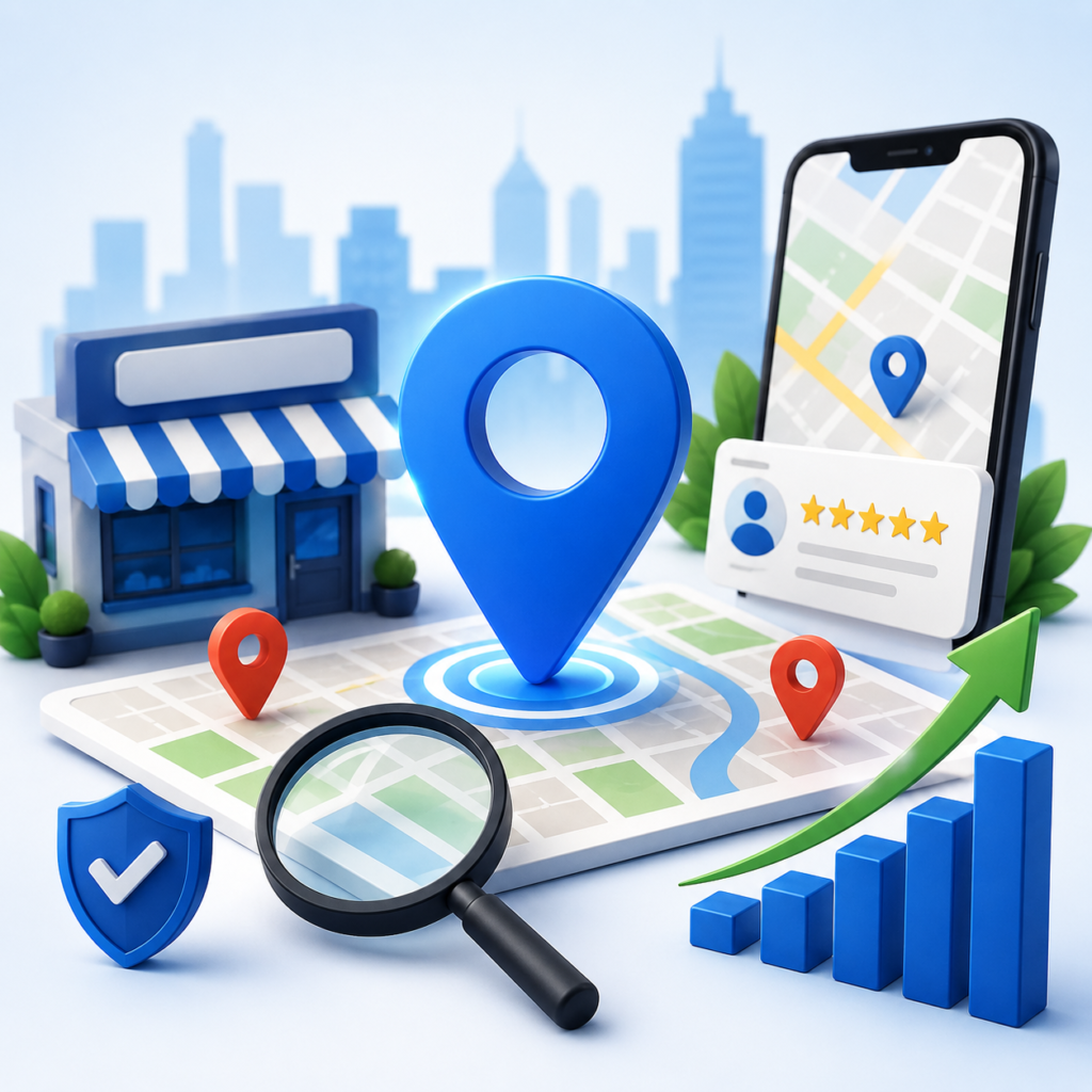 3D illustration of local SEO optimization showing business location pin, Google Maps visibility, customer reviews, mobile search, local business storefront, and business growth analytics.