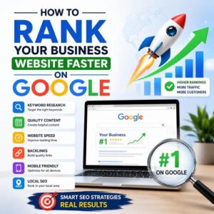 Business website SEO optimization concept showing Google rankings, keyword research, website speed optimization, backlinks, local SEO, and organic traffic growth.Business website SEO optimization concept showing Google rankings, keyword research, website speed optimization, backlinks, local SEO, and organic traffic growth.