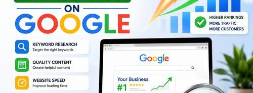 Business website SEO optimization concept showing Google rankings, keyword research, website speed optimization, backlinks, local SEO, and organic traffic growth.Business website SEO optimization concept showing Google rankings, keyword research, website speed optimization, backlinks, local SEO, and organic traffic growth.