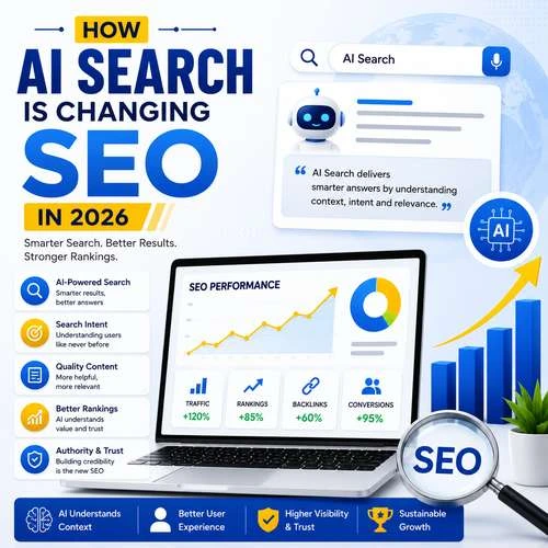 AI-powered search technology transforming SEO strategies in 2026 with smarter search results, user intent optimization, content relevance, and improved search rankings.
