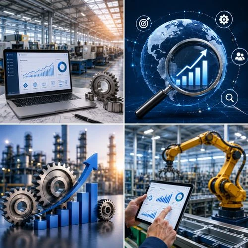 Manufacturing SEO analytics dashboard with industrial machinery, growth charts, factory automation, and digital marketing strategy.