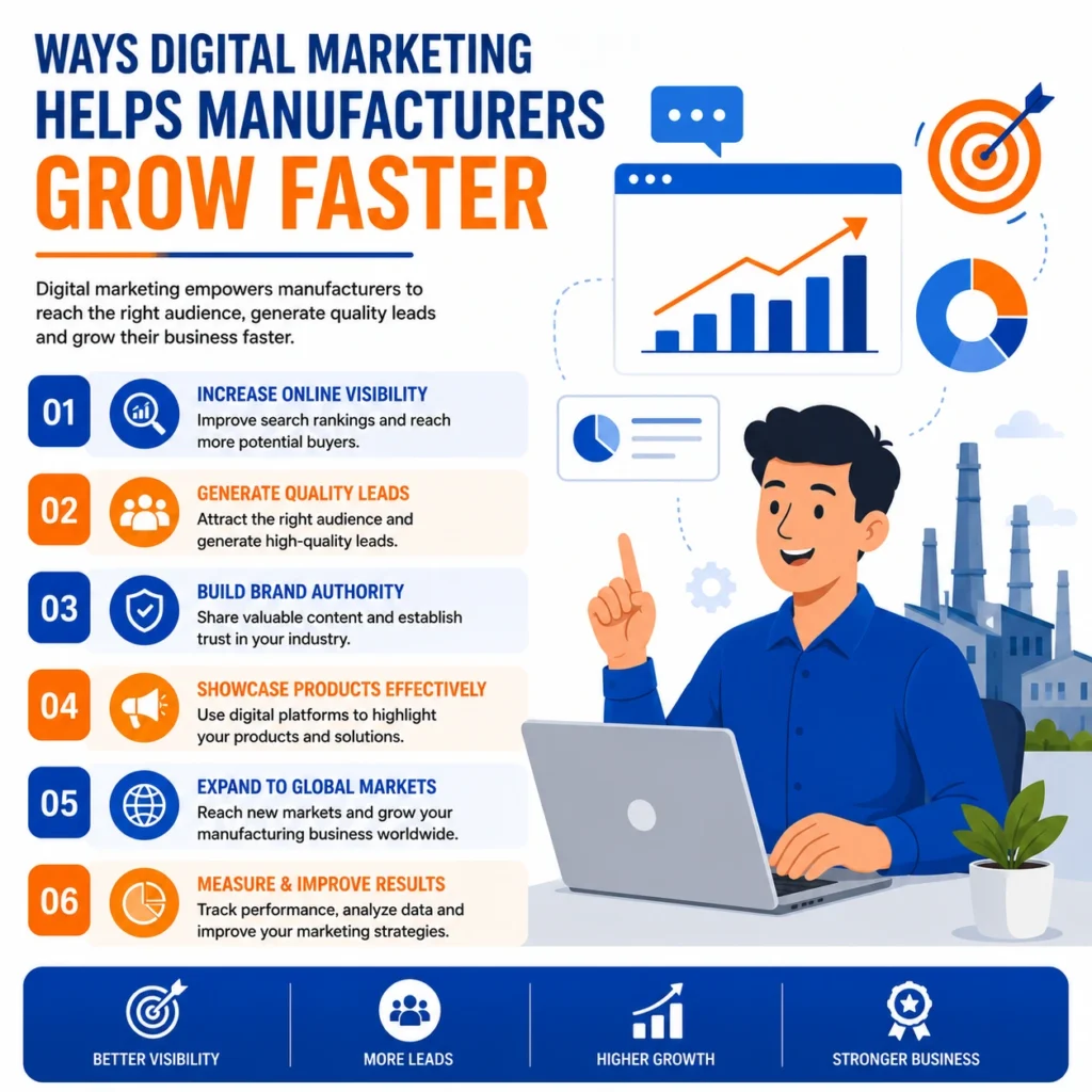 Digital marketing illustration showing a manufacturing professional using SEO, lead generation, analytics, and online marketing strategies to grow an industrial business.