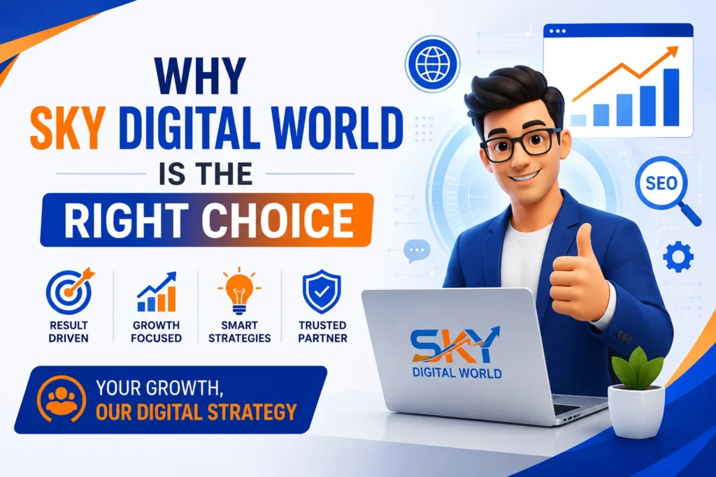 Professional digital marketing expert with analytics dashboard and technology icons representing Sky Digital World's digital marketing solutions for business growth.