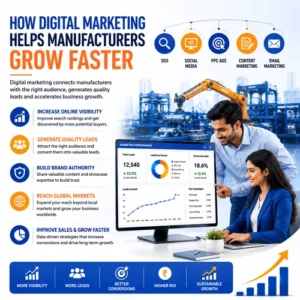 Manufacturing business team using digital marketing analytics, SEO, lead generation, and online marketing strategies to accelerate industrial business growth.