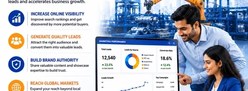 Manufacturing business team using digital marketing analytics, SEO, lead generation, and online marketing strategies to accelerate industrial business growth.