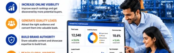 Manufacturing business team using digital marketing analytics, SEO, lead generation, and online marketing strategies to accelerate industrial business growth.