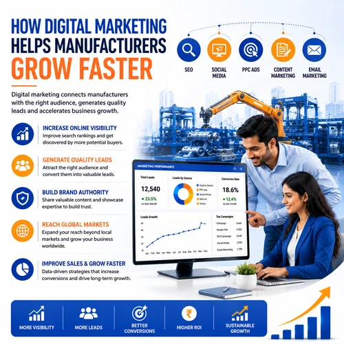Manufacturing business team using digital marketing analytics, SEO, lead generation, and online marketing strategies to accelerate industrial business growth.