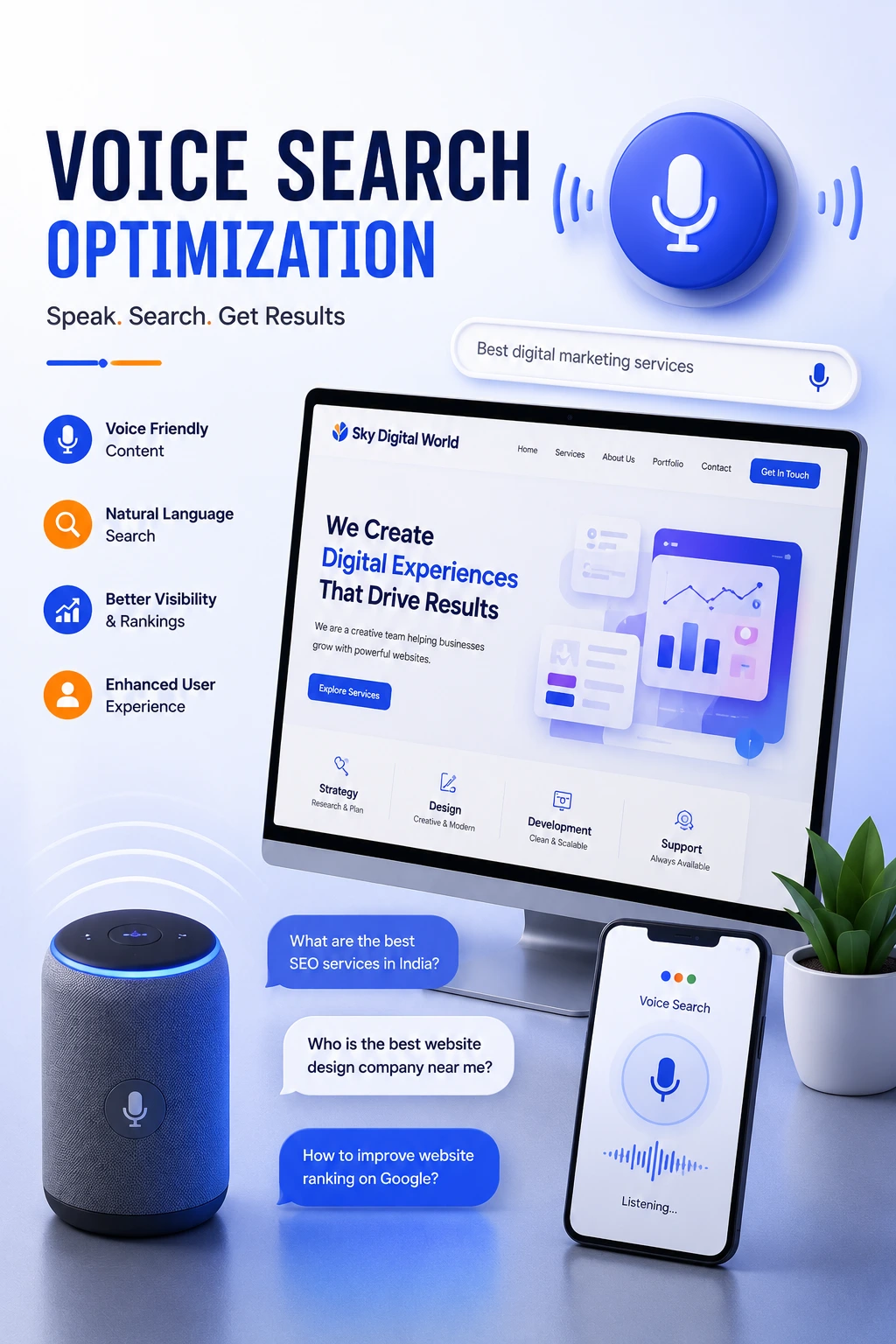 Voice search optimization concept with smart speaker, mobile voice assistant, website dashboard, microphone icon, and AI-powered search technology.