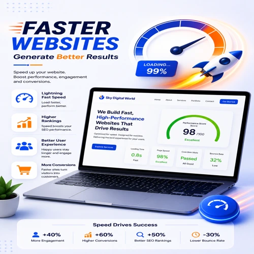 Fast website performance illustration with speedometer, laptop dashboard, rocket launch, and website optimization metrics.
