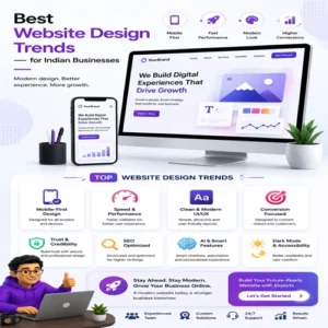 Modern website design trends for Indian businesses featuring responsive web design, mobile-first layouts, UI/UX design, SEO optimization, and business growth.