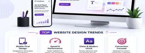 Modern website design trends for Indian businesses featuring responsive web design, mobile-first layouts, UI/UX design, SEO optimization, and business growth.
