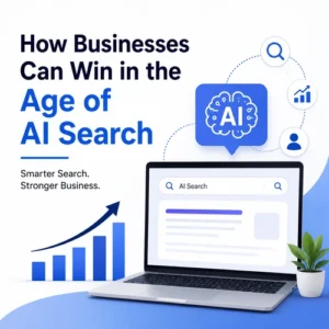 Modern AI search illustration showing a laptop with an AI search interface, digital growth chart, and artificial intelligence icon representing future-ready business marketing.
