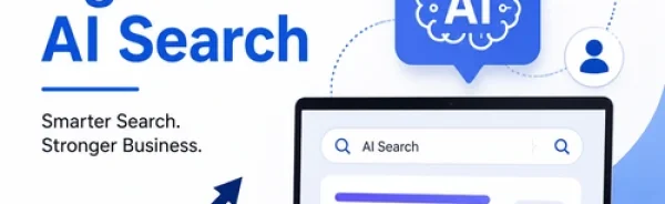Modern AI search illustration showing a laptop with an AI search interface, digital growth chart, and artificial intelligence icon representing future-ready business marketing.