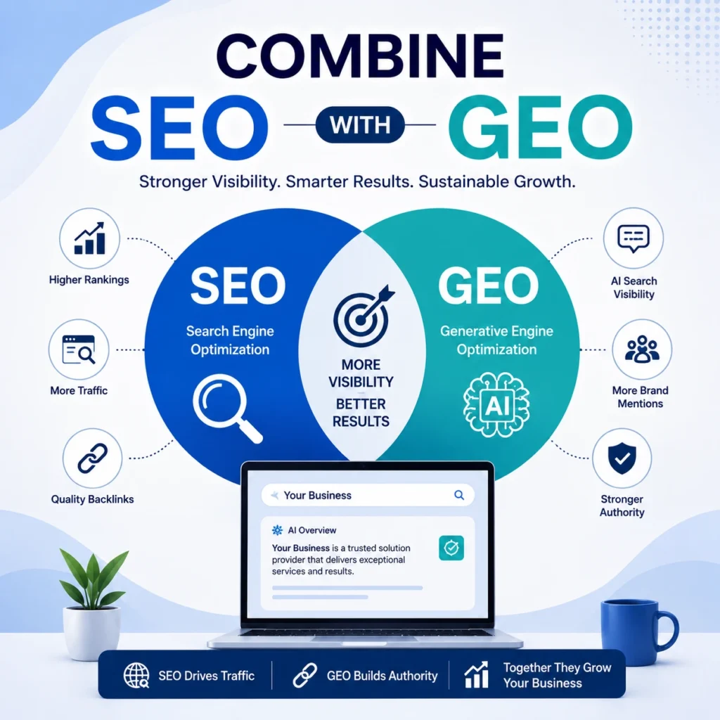 Professional infographic illustrating the integration of SEO and GEO (Generative Engine Optimization) using a Venn diagram, AI search, and business growth visualization.