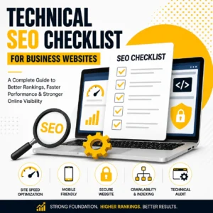 Technical SEO checklist for business websites including site speed optimization, mobile-friendly design, secure website setup, crawlability, indexing, and technical SEO audit.