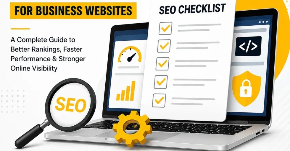 Technical SEO checklist for business websites including site speed optimization, mobile-friendly design, secure website setup, crawlability, indexing, and technical SEO audit.