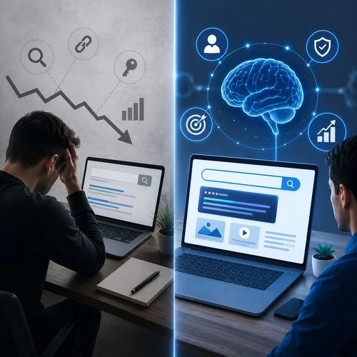 Comparison between traditional SEO and AI-powered search optimization showing modern search technology and improved digital visibility.