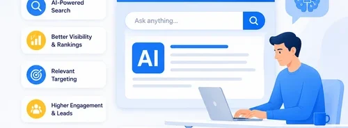 Professional AI Search Optimization illustration featuring a business professional using a laptop with AI search interface, analytics dashboard, and business growth icons.