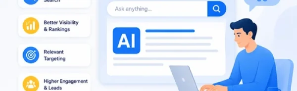 Professional AI Search Optimization illustration featuring a business professional using a laptop with AI search interface, analytics dashboard, and business growth icons.