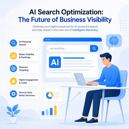 Professional AI Search Optimization illustration featuring a business professional using a laptop with AI search interface, analytics dashboard, and business growth icons.