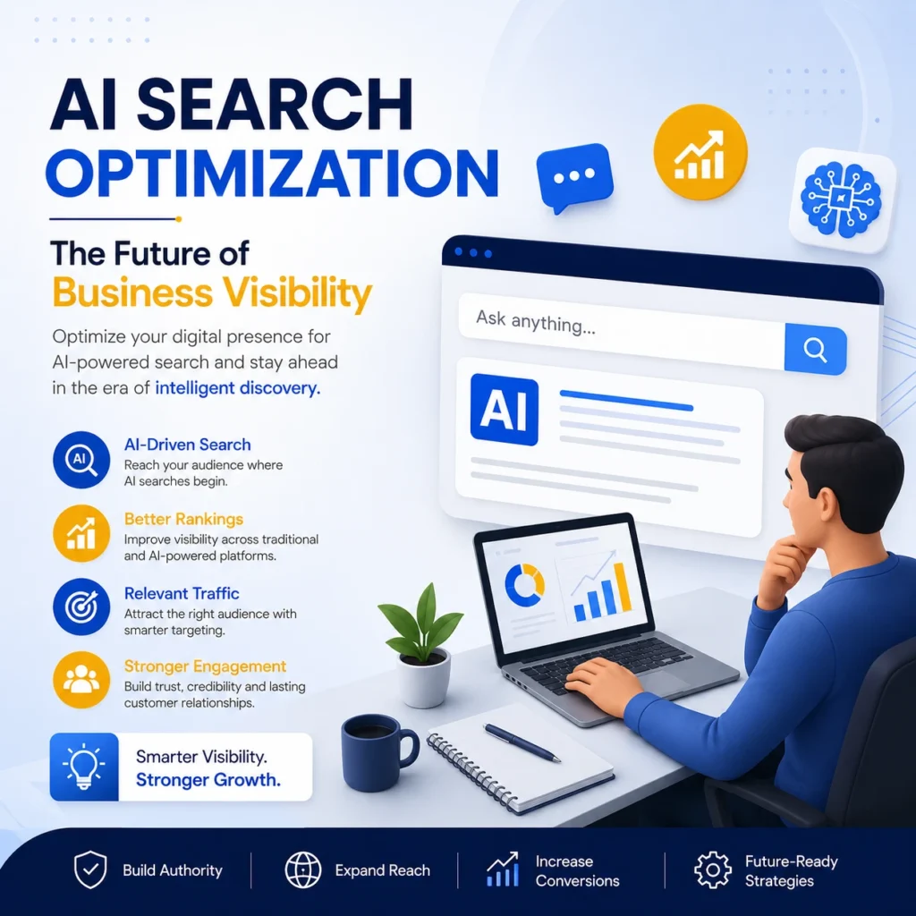 Modern AI Search Optimization illustration featuring a business professional analyzing AI-powered search insights with digital analytics, search interface, and business growth dashboard.