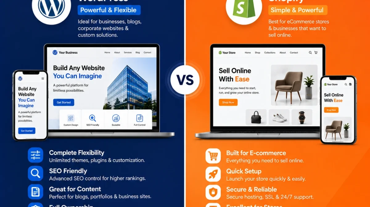 Comparison between WordPress and Shopify website platforms showing features, flexibility, SEO capabilities, eCommerce functionality, and business benefits.