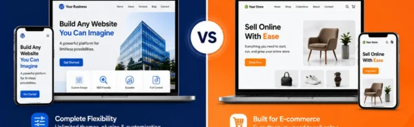 Comparison between WordPress and Shopify website platforms showing features, flexibility, SEO capabilities, eCommerce functionality, and business benefits.