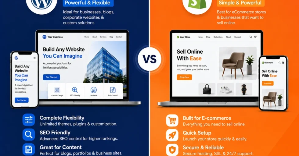 WordPress vs Shopify – Which Is Better for Business? Comparison between WordPress and Shopify website platforms showing features, flexibility, SEO capabilities, eCommerce functionality, and business benefits.