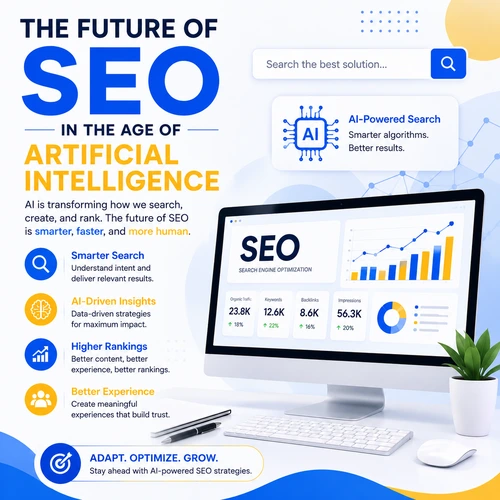 Modern SEO and Artificial Intelligence illustration featuring an AI-powered SEO dashboard, analytics charts, search interface, and business growth visualization.