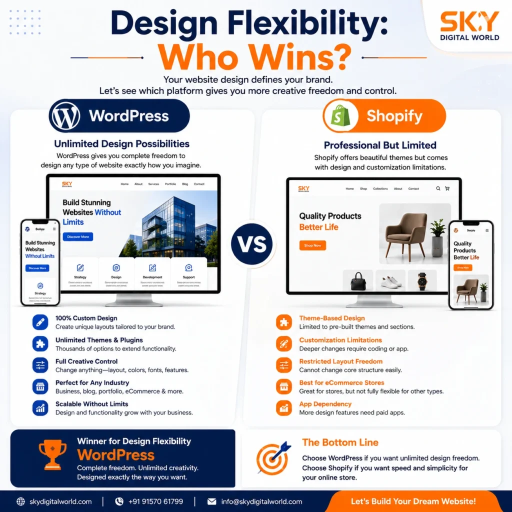 WordPress vs Shopify design flexibility comparison infographic showing website customization, creative freedom, scalability, and ecommerce design capabilities.