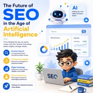 Cute 3D AI marketing professional using SEO analytics dashboard, AI assistant, and intelligent search optimization tools.