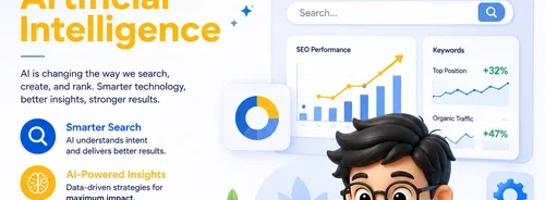 Cute 3D AI marketing professional using SEO analytics dashboard, AI assistant, and intelligent search optimization tools.