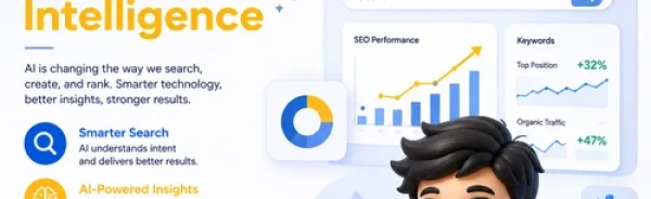 Cute 3D AI marketing professional using SEO analytics dashboard, AI assistant, and intelligent search optimization tools.