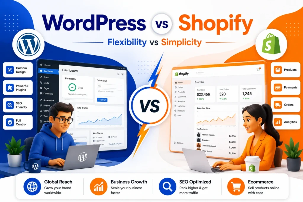 Professional comparison between WordPress and Shopify showing website customization, eCommerce features, SEO benefits, business growth opportunities, and platform flexibility.