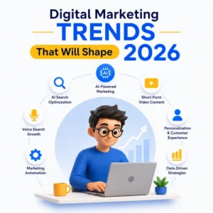 Cute 3D digital marketing professional using AI marketing, SEO, voice search, marketing automation, and analytics to drive business growth in 2026.
