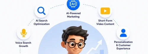 Cute 3D digital marketing professional using AI marketing, SEO, voice search, marketing automation, and analytics to drive business growth in 2026.