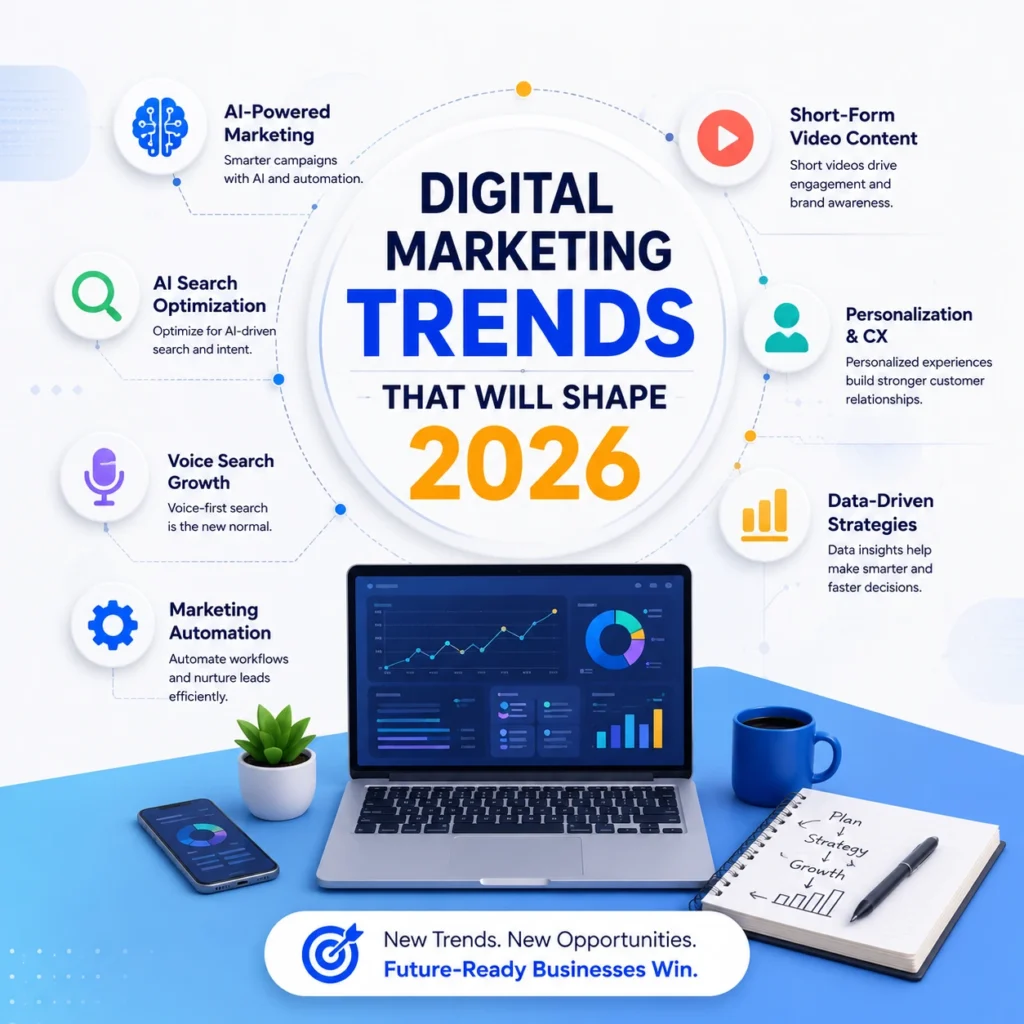 Modern digital marketing infographic featuring AI marketing, AI search optimization, voice search, marketing automation, personalization, data-driven strategies, and analytics dashboard.