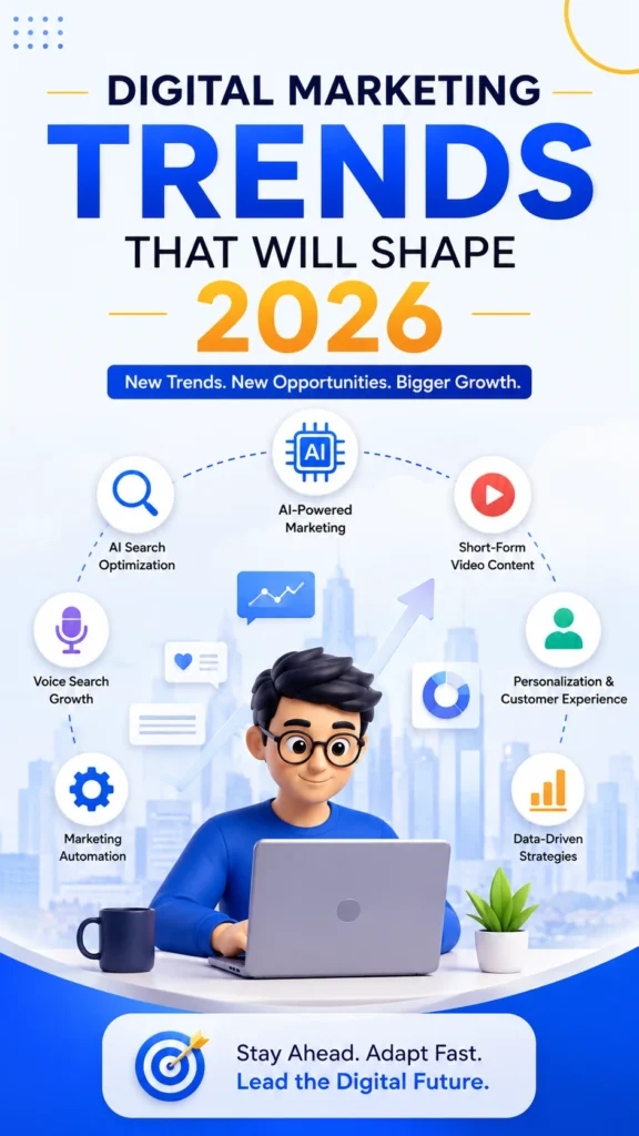 Infographic showing Digital Marketing trends for 2026 including AI marketing, AI search optimization, automation, voice search, video marketing, and analytics dashboard.
