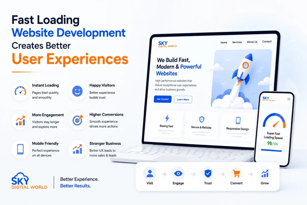 Modern website development illustration showing a fast-loading responsive website on desktop and mobile devices, highlighting user experience, website speed, engagement, conversions, and business growth.