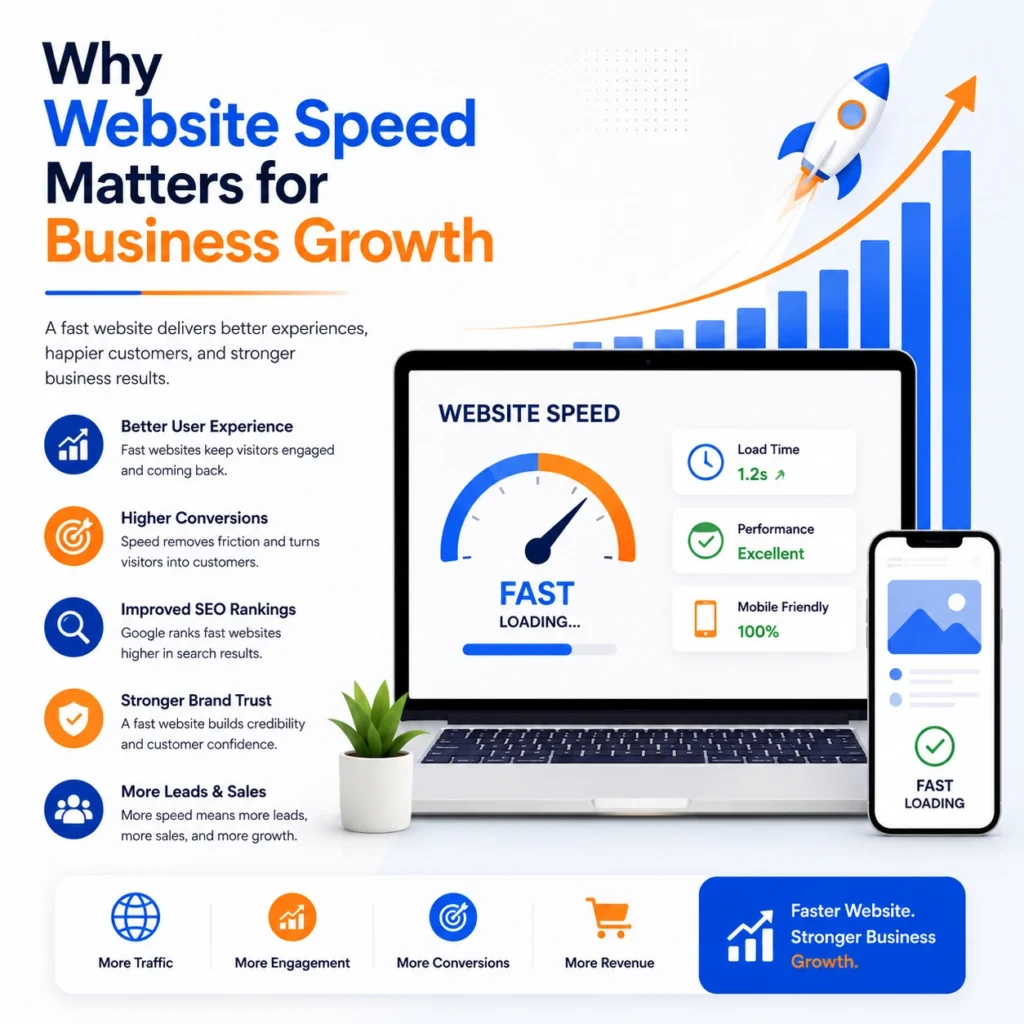 Professional infographic showing how website speed improves user experience, SEO rankings, conversions, sales, and business growth through fast-loading websites.