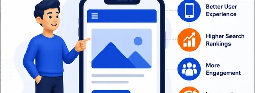 Mobile-friendly website design illustration showing responsive mobile interface, user engagement, SEO benefits, and business growth.