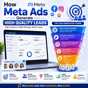 Meta Ads lead generation funnel showing audience targeting, ad creatives, landing page optimization, lead capture, and high-quality lead conversion process.