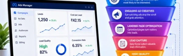 Meta Ads lead generation funnel showing audience targeting, ad creatives, landing page optimization, lead capture, and high-quality lead conversion process.