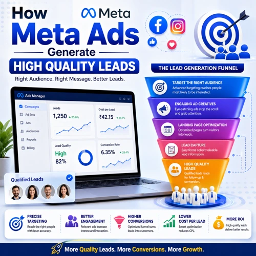 Meta Ads lead generation funnel showing audience targeting, ad creatives, landing page optimization, lead capture, and high-quality lead conversion process.
