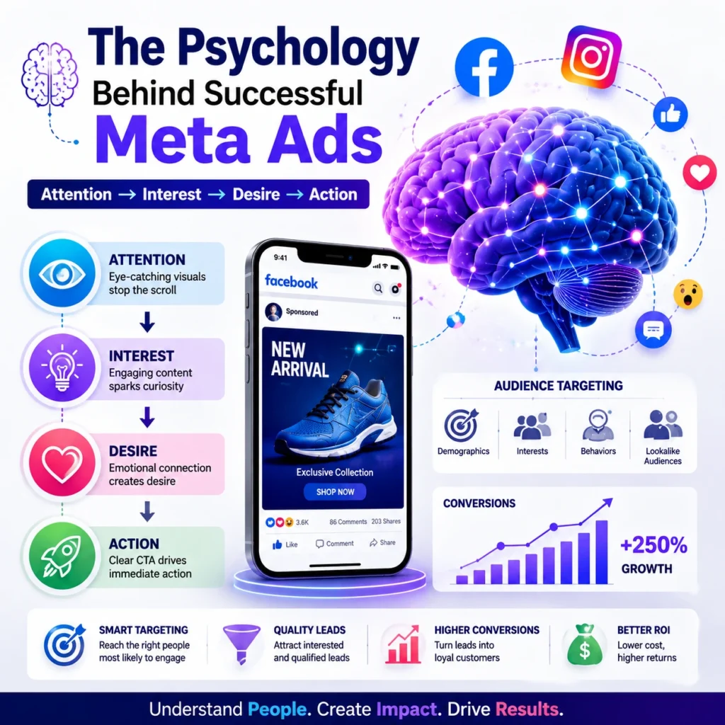 Digital marketing infographic showing the psychology behind successful Meta Ads using the Attention, Interest, Desire, and Action (AIDA) framework to increase engagement and conversions.