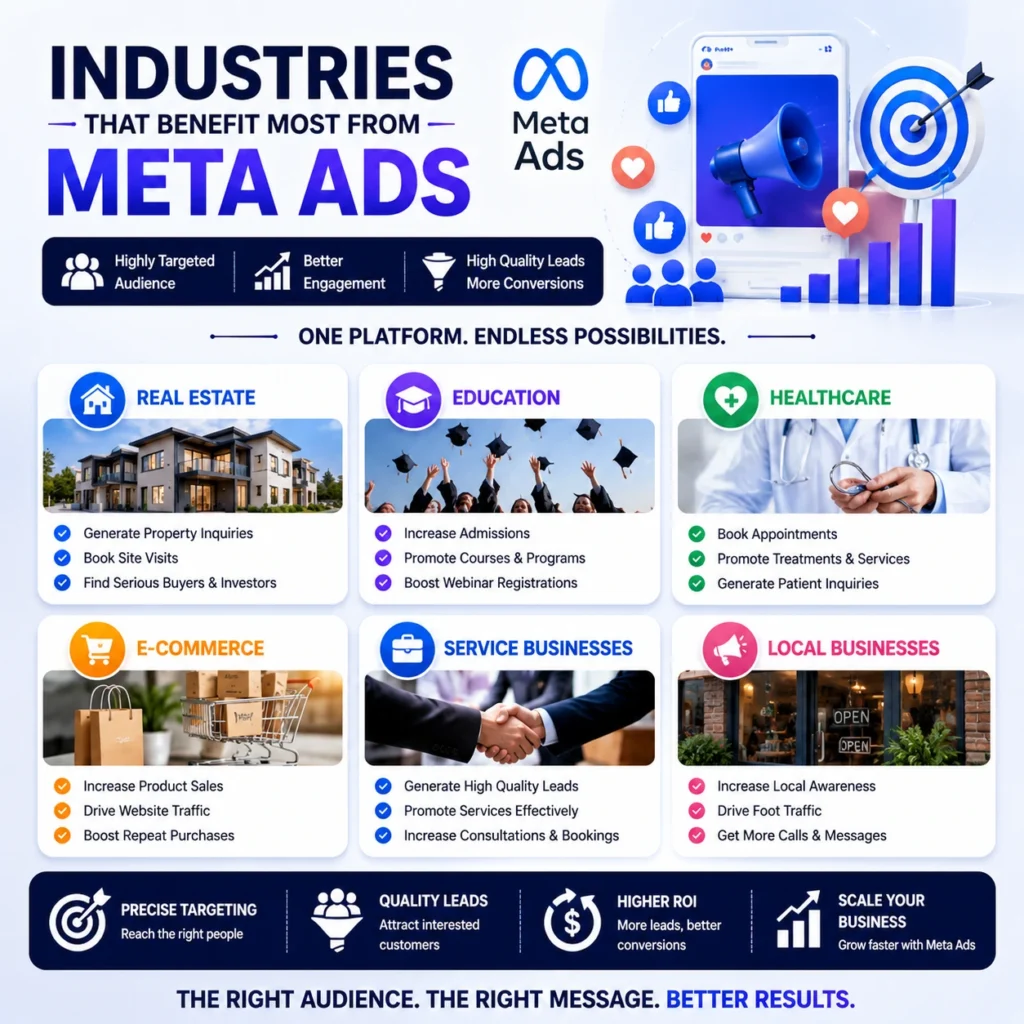 Professional infographic showing industries that achieve strong results from Meta Ads, including Real Estate, Education, Healthcare, E-commerce, Service Businesses, and Local Businesses.