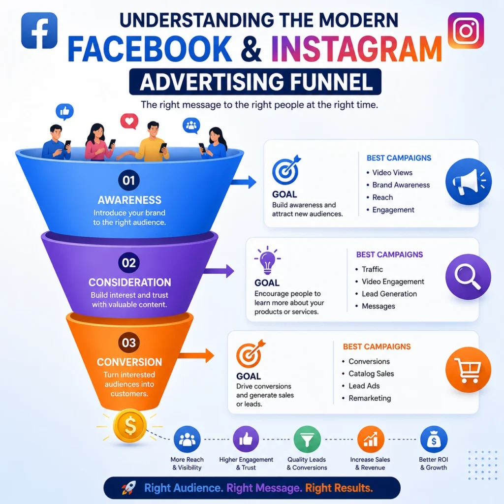 Modern Facebook and Instagram advertising funnel showing Awareness, Consideration, and Conversion stages for lead generation and business growth.