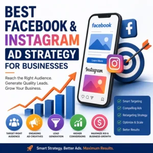 Facebook and Instagram advertising strategy infographic showing lead generation, audience targeting, higher conversions, and business growth through Meta Ads.
