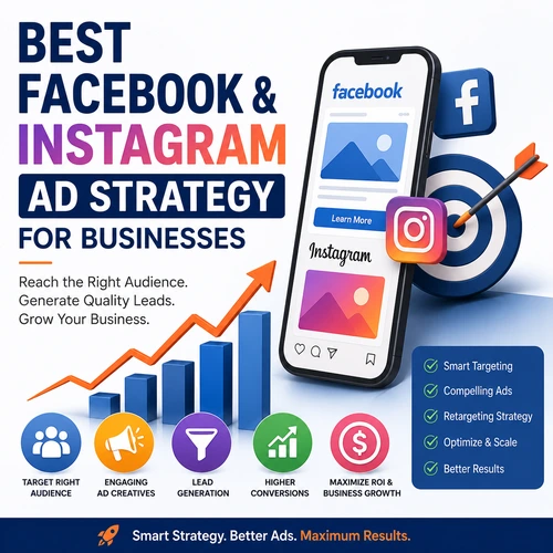 Facebook and Instagram advertising strategy infographic showing lead generation, audience targeting, higher conversions, and business growth through Meta Ads.
