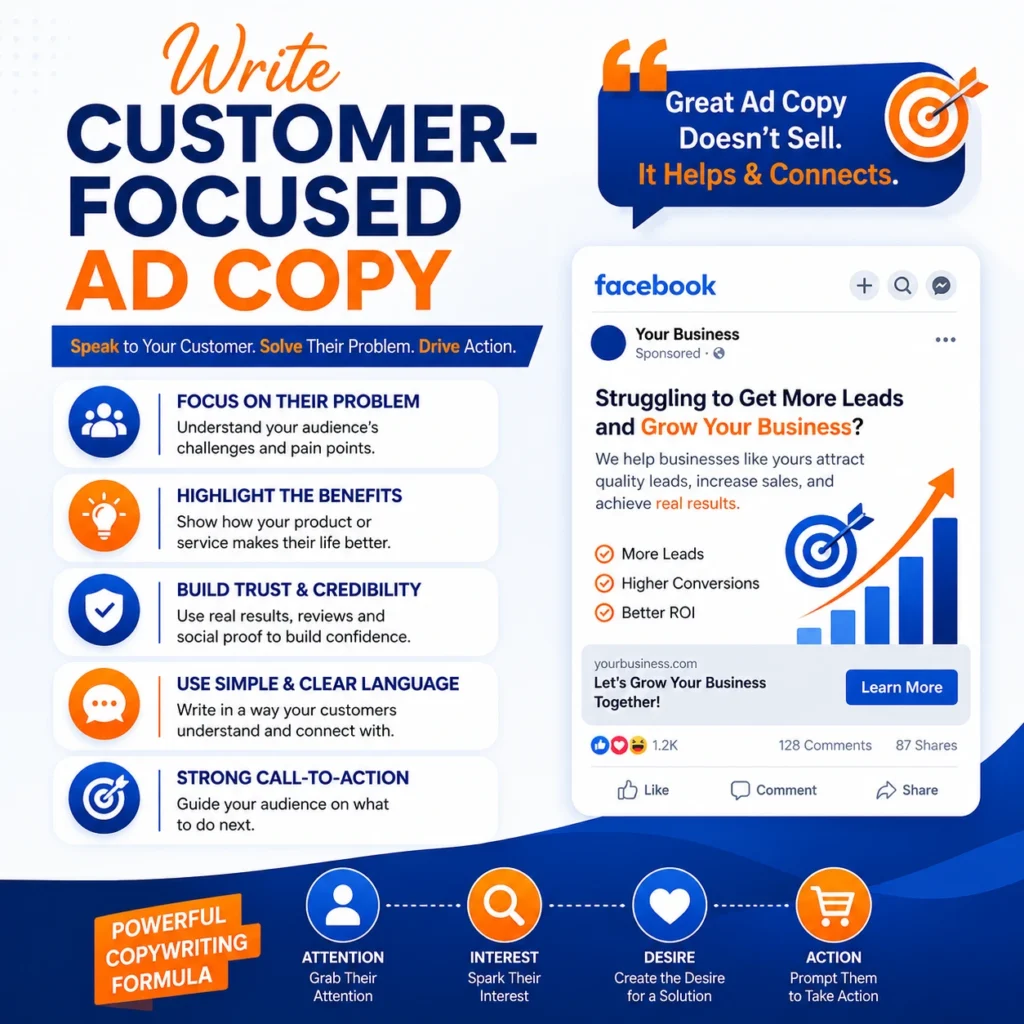 Customer-focused Facebook ad copywriting strategy infographic showing how to create engaging ad copy that generates leads, conversions, and business growth.
